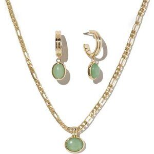 Green aventurine jewelry set gold necklace hoop earrings bracelet jade gift